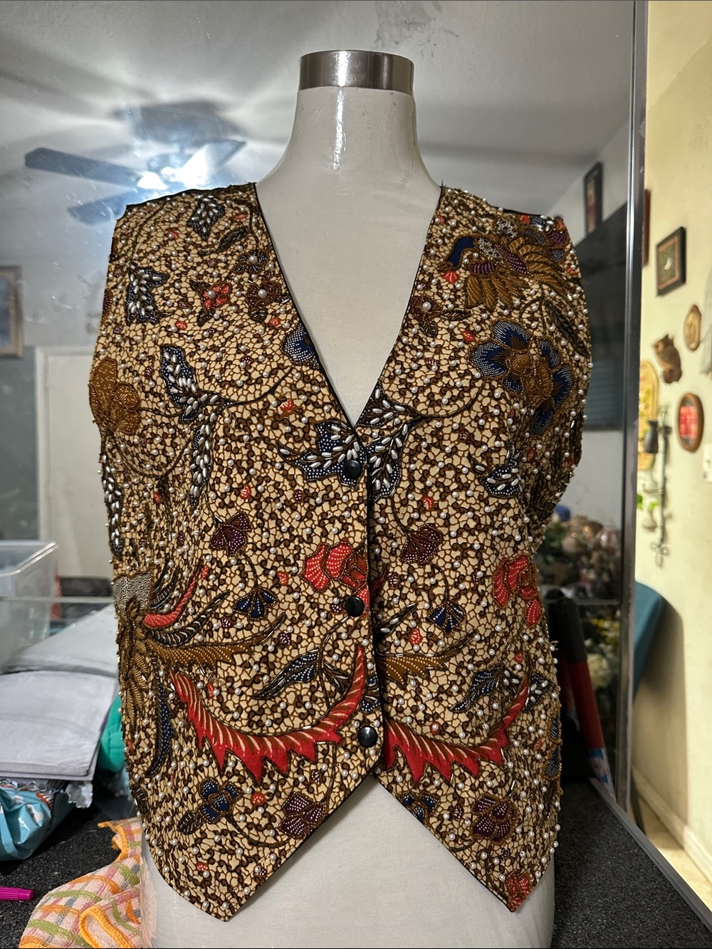 Kenar Gold Embroidered Floral Beaded Vest with Red & Blue Accents